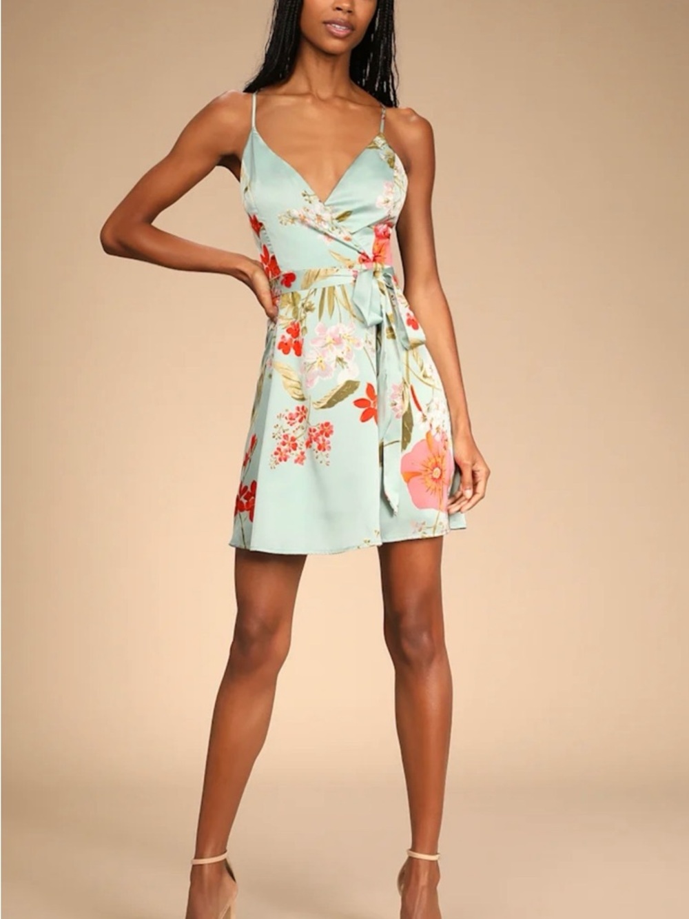 Lulu's Mint Green Floral Wrap Mini Dress